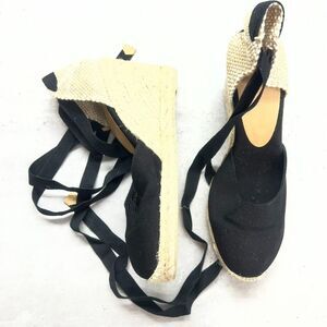 Castañer Carina Tie-Up Ankle Strap Black Wedge Espadrille Sandals Womens Size 39